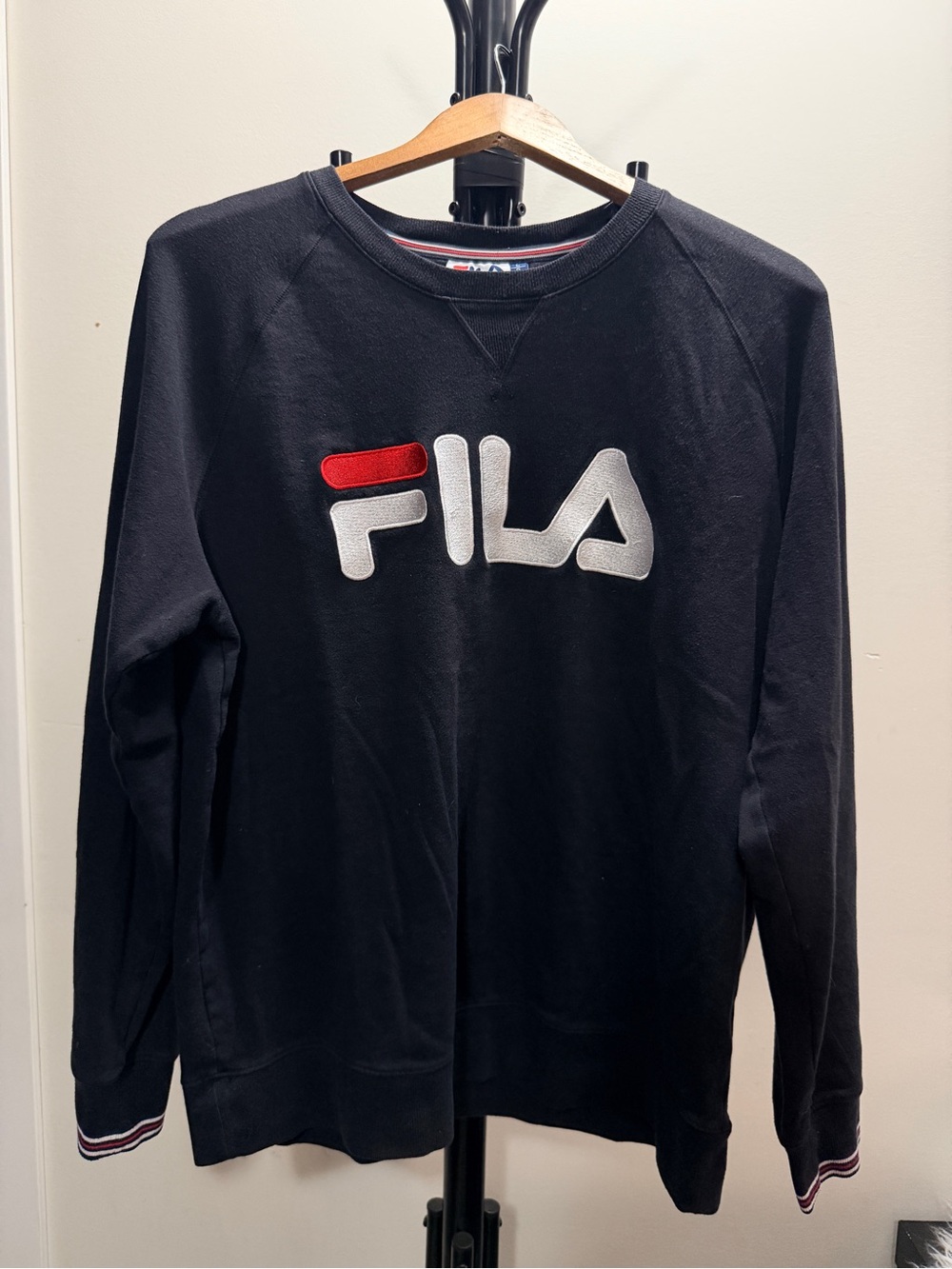 Y2K Fila Black Mens Crewneck Sweatshirt with White & Red Logo Size Large